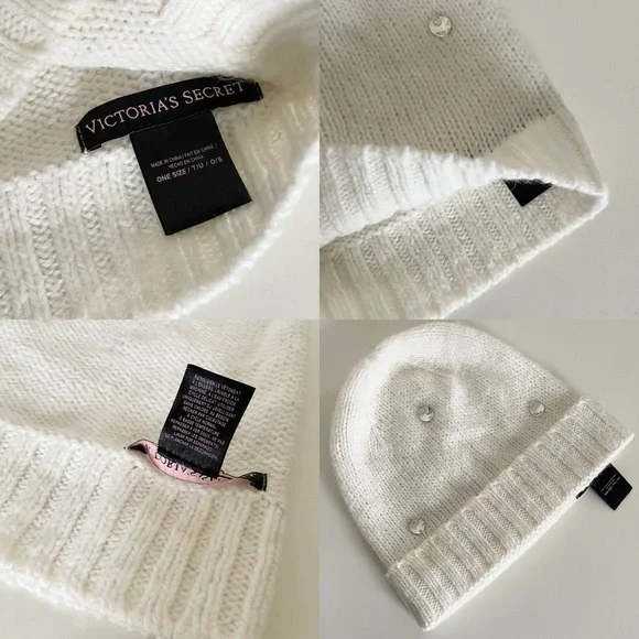 Victoria’s Secret Crystal Rhinestone Off White Knit Beanie Hat, One Size - Picture 8 of 13